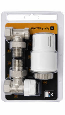 MONTER quality Zestaw głowica / Zawór termostatyczny kątowy / Zawór powrót kątowy KRAKUS 756-150-07-BL